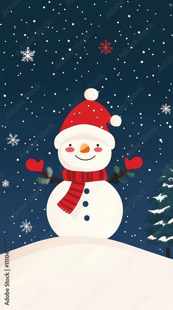Fototapeta premium Snowman. with snowflake patterns in a snowy outdoor setting, featuring evergreen trees and a serene winter night.