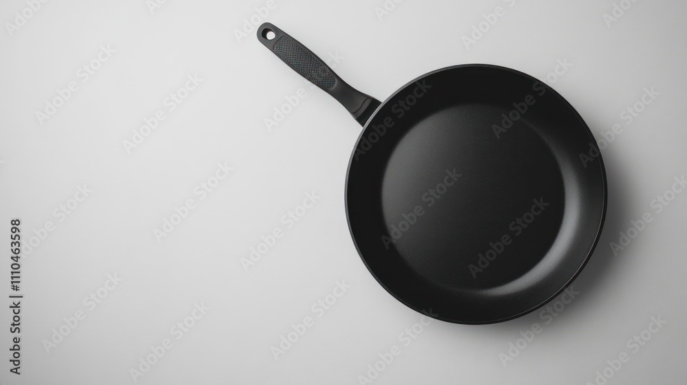 Large non-stick frying pan with silicone grip handle, subtle reflections on a plain white backdrop Large non-stick frying pan with silicone grip handle, subtle reflections on a plain white backdrop