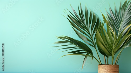 Tropical palm leaves on pastel turquoise background.   photo