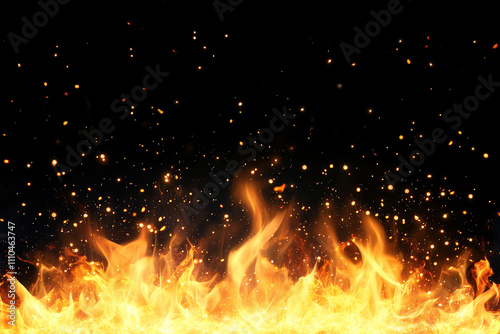 Fire with glowing orange flames, sparks and embers, against black background 