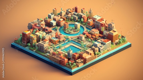 Low-poly isometric city model with buildings, parks, and water features.