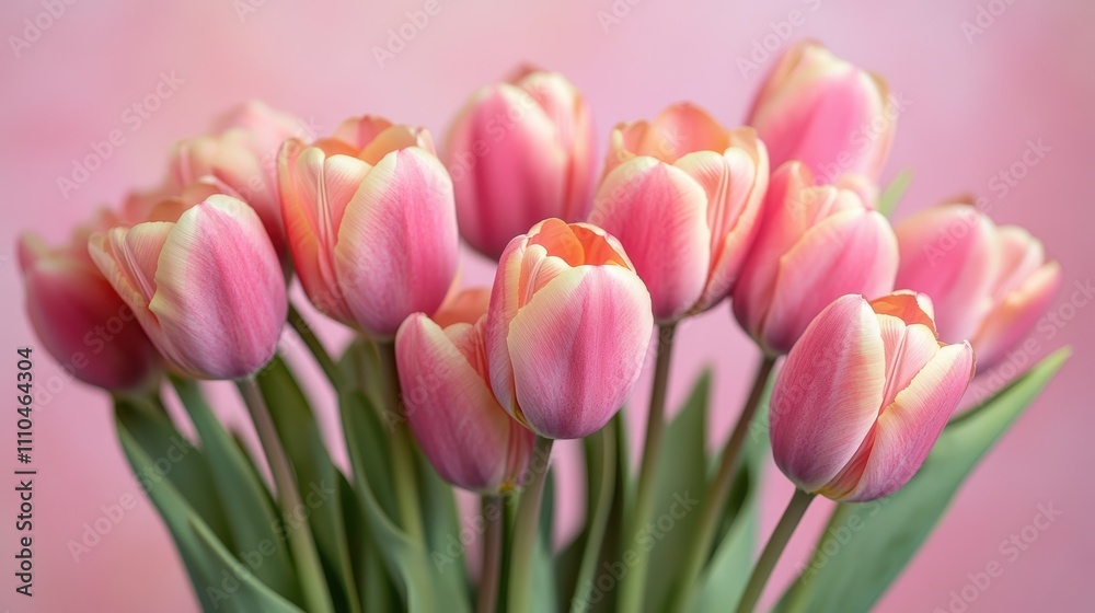 Naklejka premium Beautiful composition spring flowers. Bouquet of pink tulips flowers on pastel pink background. Valentine's Day, Easter, Birthday, Happy Women's Day, Mother's Day.