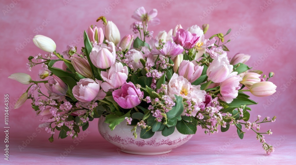 Beautiful composition spring flowers. Bouquet of pink tulips flowers on pastel pink background. Valentine's Day, Easter, Birthday, Happy Women's Day, Mother's Day. Beautiful composition spring flowers. Bouquet of pink tulips flowers on pastel pink background. Valentine's Day, Easter, Birthday, Happy Women's Day, Mother's Day.