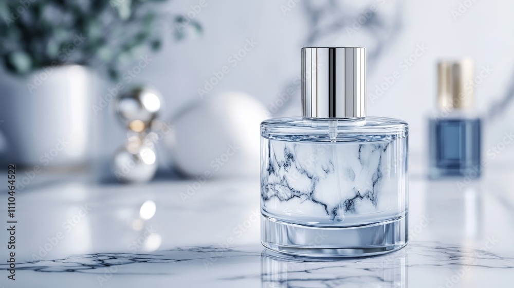 Marble bathroom, exclusive perfume bottle, high-end lifestyle setting Marble bathroom, exclusive perfume bottle, high-end lifestyle setting