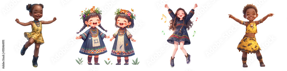 Cute cartoon on transparent background concept. Four joyful, animated characters in vibrant clothing, expressing happiness and celebration through dance and playful poses.
