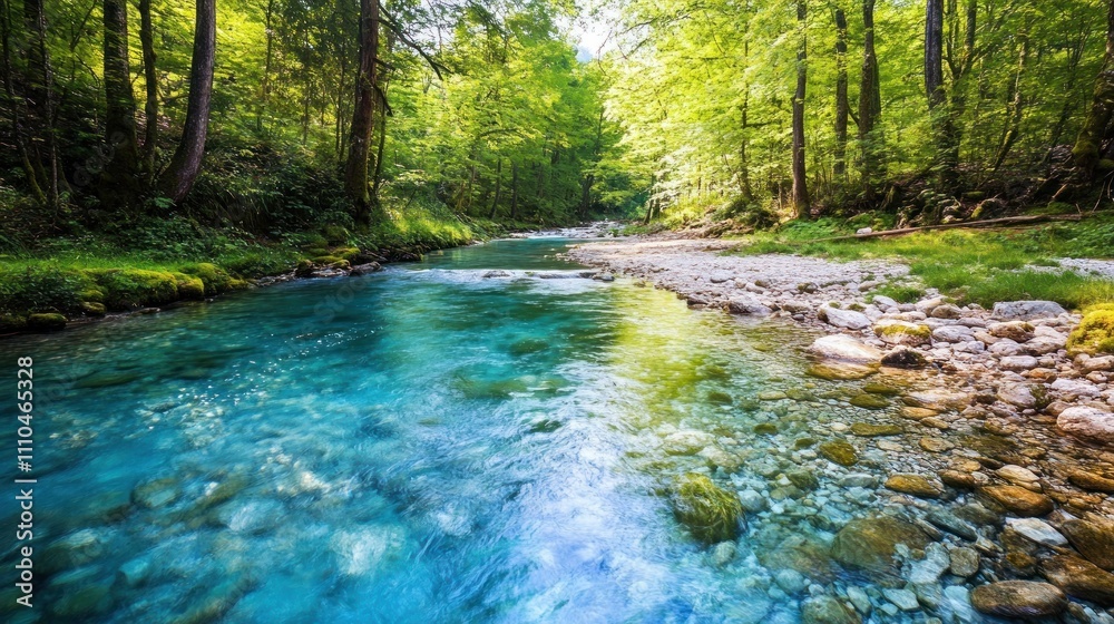 Obraz premium Crystal-clear river flowing through a lush green forest, sunlight illuminating the water.