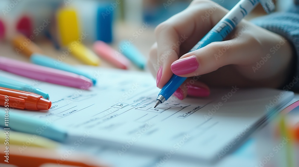 Close-up of a woman's hand writing on a notepad with colorful pens nearby. Close-up of a woman's hand writing on a notepad with colorful pens nearby.