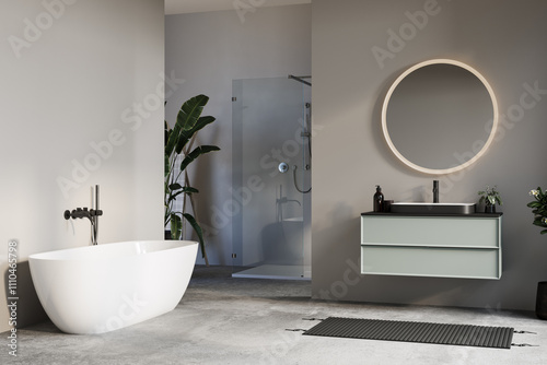 Modern minimalist bathroom with a freestanding bathtub, floating vanity, and greenery, offering a serene and elegant ambiance.