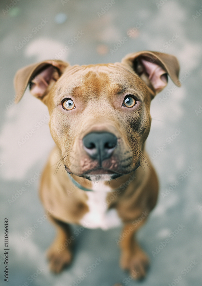 Portrait of a brown pitbull with attentive eyes and an alert expression, sitting on a neutral background in soft lighting