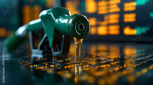 A green gas pump with oil dripping from the nozzle, set against a clean white background, symbolizing energy consumption, fossil fuels, and environmental impact. The image highlights the themes of sus photo