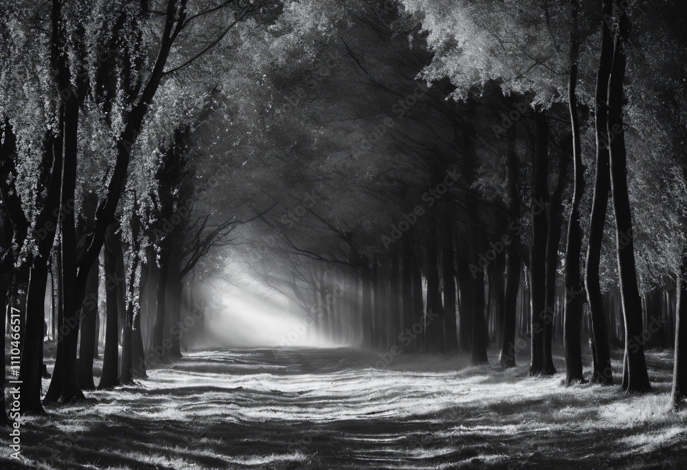 Obraz premium Mysterious figure stands alone in a foggy forest at twilight surrounded by tall trees