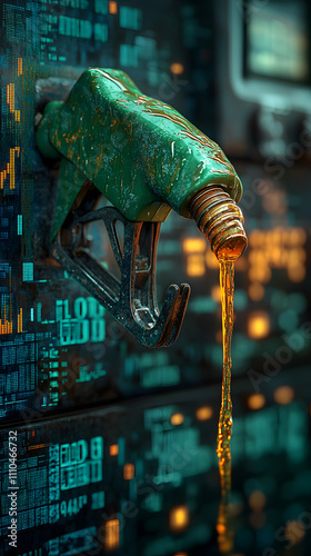 A green gas pump with oil dripping from the nozzle, set against a clean white background, symbolizing energy consumption, fossil fuels, and environmental impact. The image highlights the themes of sus photo