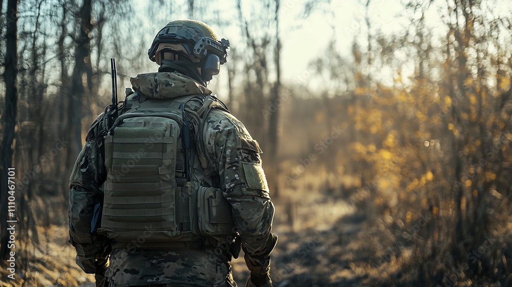 A soldier in camouflage gear walks through a field. A soldier in camouflage gear walks through a field.