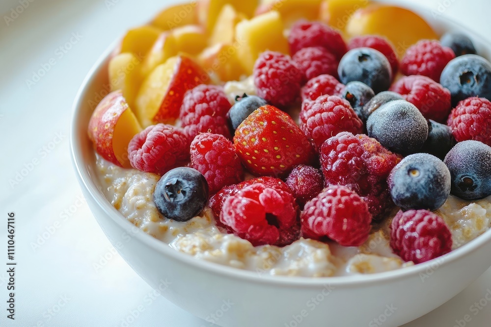 Fresh Oatmeal Bowl with Fruit on a White Table Fresh Oatmeal Bowl with Fruit on a White Table
