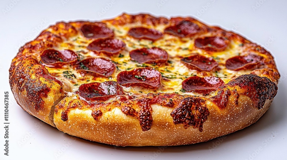 A photostock of a crispy pepperoni pizza with melted cheese, displayed on a clean white background, warm and delicious. High Quality A photostock of a crispy pepperoni pizza with melted cheese, displayed on a clean white background, warm and delicious. High Quality