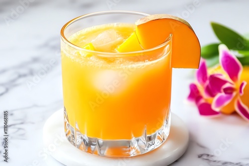 Refreshing orange cocktail garnished with a slice of fruit, perfect for summer gatherings and tropical-themed events.