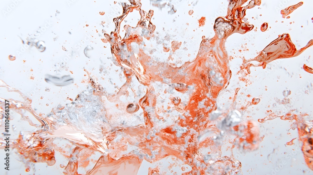 Fototapeta premium Abstract splash of liquid, vibrant pink and transparent water mixing, creating an explosive, dynamic pattern of droplets and bubbles.
