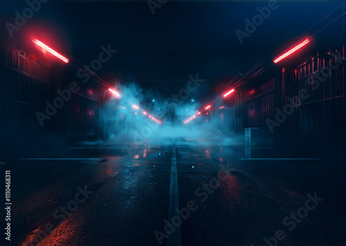 neon alley night photography, moody urban tunnel, cinematic passageway.Adobe Stock: foggy alley, deserted city, wet floor, industrial grunge