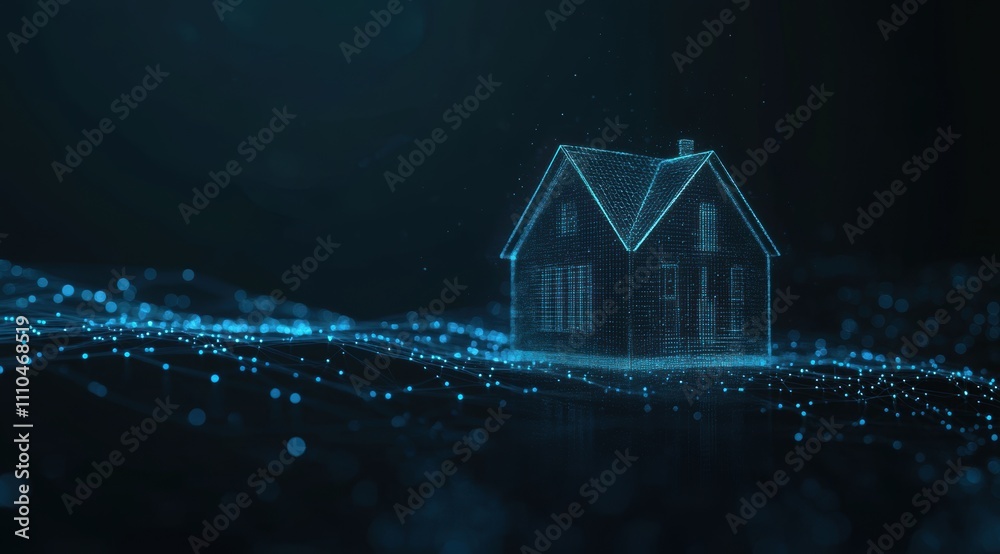 Abstract hologram of a smart home, a digital technology concept with a house model on a dark background. Abstract hologram of a smart home, a digital technology concept with a house model on a dark background.
