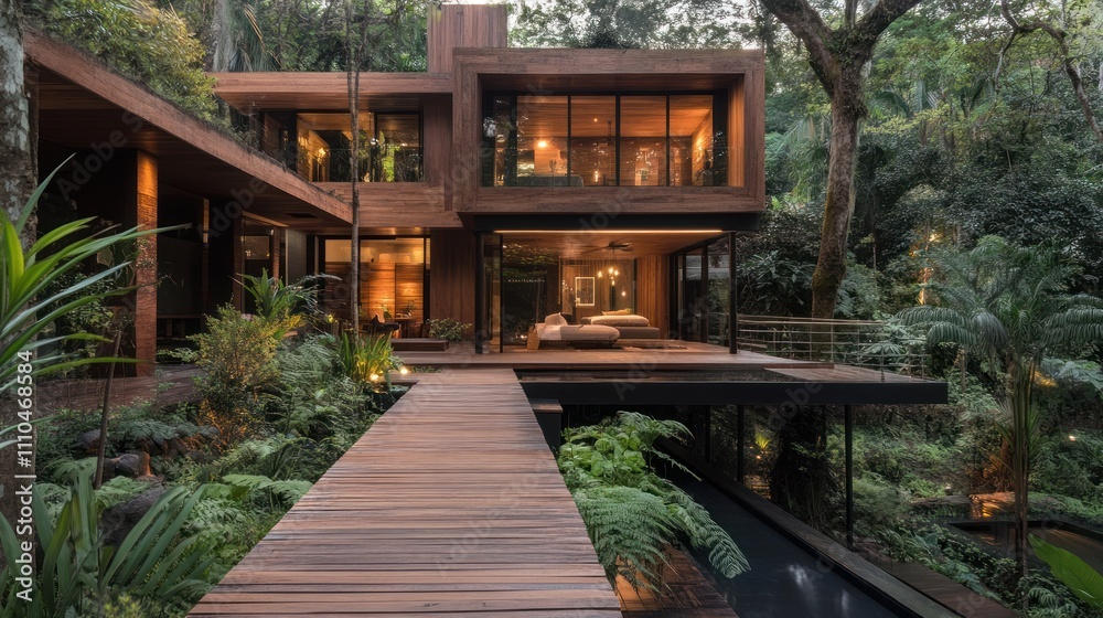 House with a wooden walkway leading to it. House with a wooden walkway leading to it.