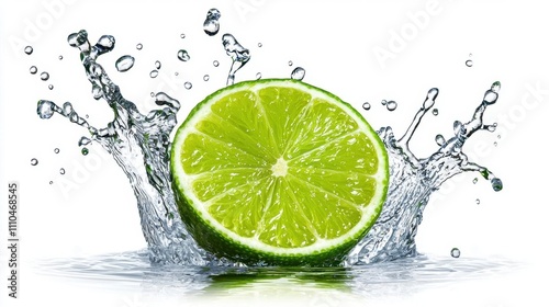 A photostock of a fresh lime slice splashing into water with droplets frozen mid-motion, isolated on a clean white background, refreshing and crisp. High Quality