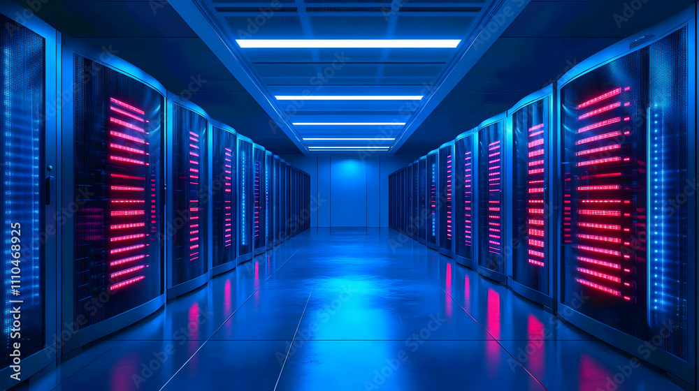 Fototapeta premium 3D Server Room Illustration: Blue and Pink Neon Lights