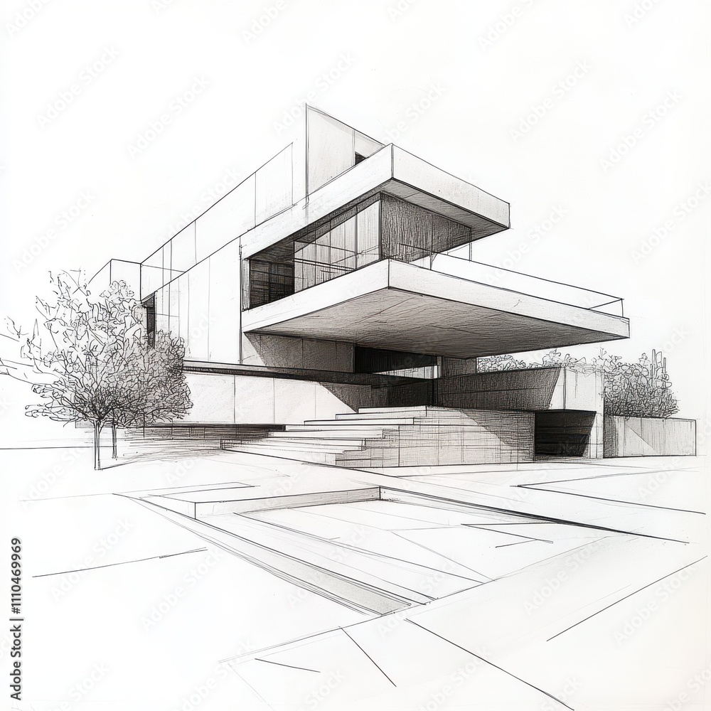Architecture building construction perspective design and modern urban building line drawing on a white background, 3D illustration Architecture building construction perspective design and modern urban building line drawing on a white background, 3D illustration