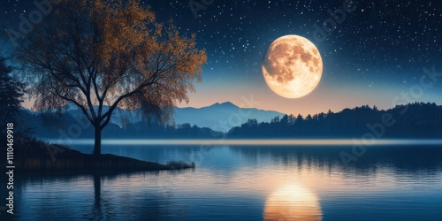 Wallpaper Mural Serene Nightscape:  Full Moon Over Misty Lake and Solitary Tree Under Starlit Sky Torontodigital.ca