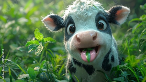 Adorable Cartoon Calf in Lush Green Pasture with Playful Expression