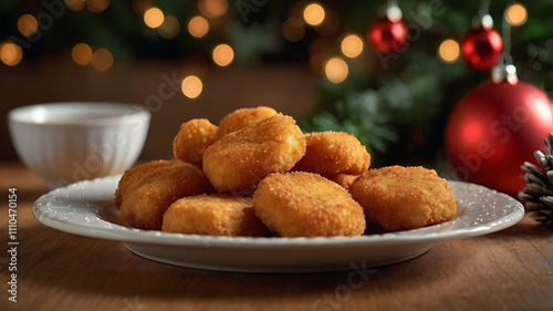 Crispy fried cheese nuggets on a plate with festive Christmas lights in background.