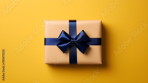 Wrapped gift, blue bow, yellow background, clean minimalist style