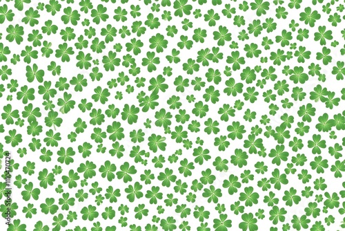 Shamrock pattern, symmetrical design, white background, vector art style, flat colors, simple shapes, four-leaf clover theme, green color palette