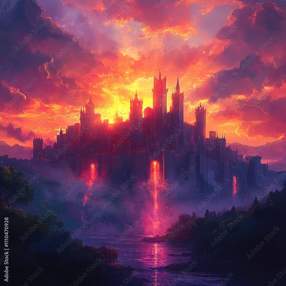 Fototapeta premium A majestic castle silhouetted against a vibrant sunset, surrounded by mist and nature.