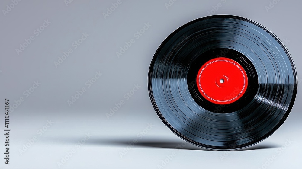 Fototapeta premium A photostock of a realistic vintage vinyl record with a red center label, isolated on a clean white background, retro and stylish. High Quality