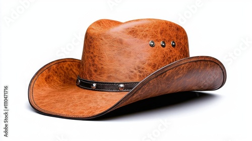 A photostock of a rugged leather cowboy hat, isolated on a clean white background, adventurous and stylish. High Quality photo