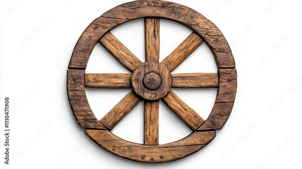 A photostock of a rustic wagon wheel made of wood, isolated on a clean white background, perfect for vintage or rural themes. High Quality A photostock of a rustic wagon wheel made of wood, isolated on a clean white background, perfect for vintage or rural themes. High Quality