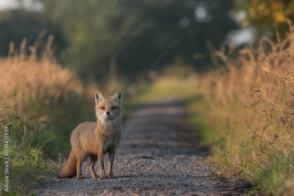 Obraz premium Serene fox stands on a quiet rural path, surrounded by tall grass and a peaceful landscape.
