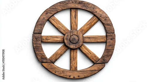 A photostock of a rustic wagon wheel made of wood, isolated on a clean white background, perfect for vintage or rural themes. High Quality