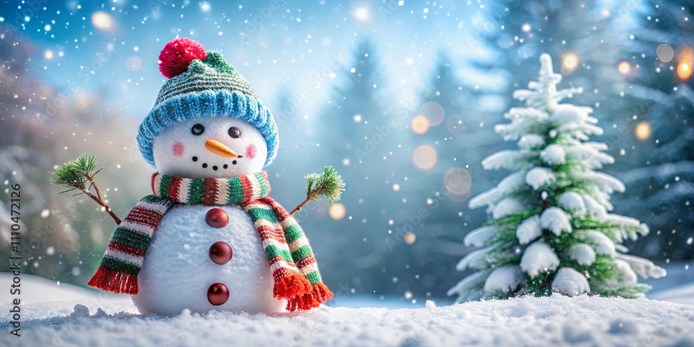 Fototapeta premium A joyful snowman with a colorful scarf and a knitted hat stands in a snowy landscape, surrounded by pine trees. Flurries of snowflakes drift down, creating a festive atmosphere