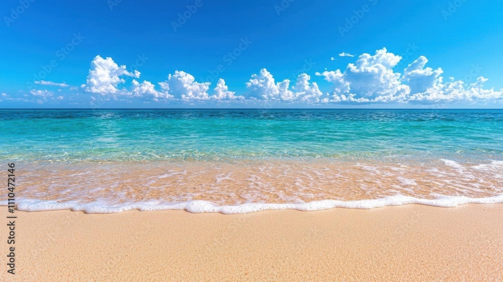 A photostock of a sandy beach with gentle ocean waves, featuring clear turquoise water, isolated on a white background. High Quality A photostock of a sandy beach with gentle ocean waves, featuring clear turquoise water, isolated on a white background. High Quality