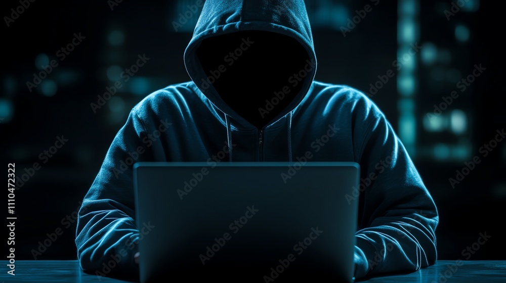 A hooded figure is sitting at a computer, with a blurred city in the background. A hooded figure is sitting at a computer, with a blurred city in the background.