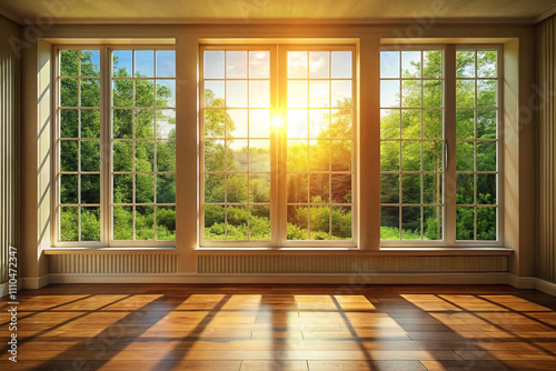 Sunlit room with large windows overlooking a lush green landscape.