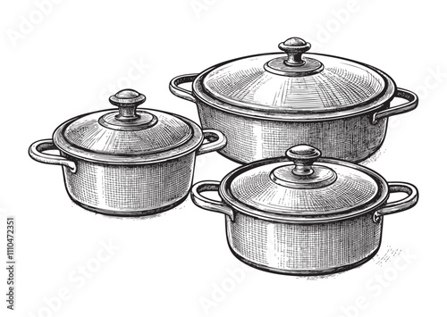 Metal saucepans with lid engraving vector illustration