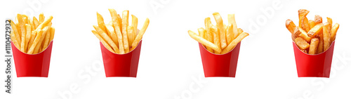 Vector Set of Potatoes French Fries in Red White Striped Craft Paper Carton Package Boxes Bags Isolated on background. Fast Food photo