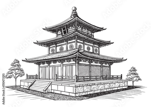 pagoda building monument engraving vector illustration