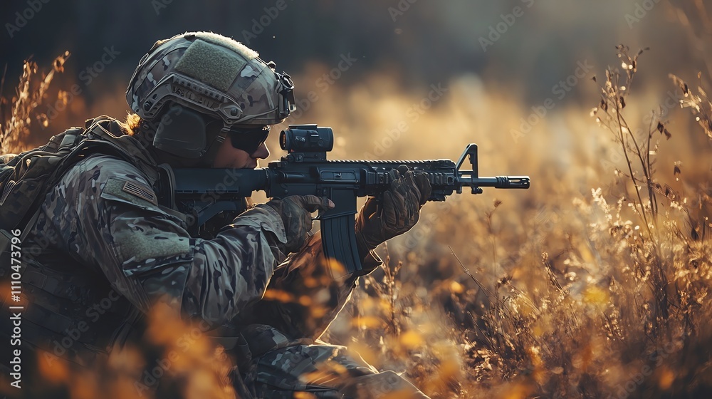 A soldier in camouflage gear aims a rifle in a field. A soldier in camouflage gear aims a rifle in a field.