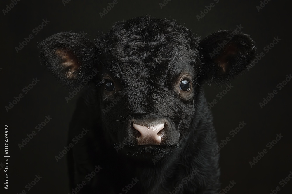 Close-up of a cute black calf against a dark background. Close-up of a cute black calf against a dark background.
