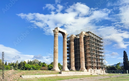 Photo of the Temple of Olympian Zeus in Athens, Greece, undergoing renovation. This historic temple, once the largest in the ancient world, features visible scaffolding during restoration efforts. photo