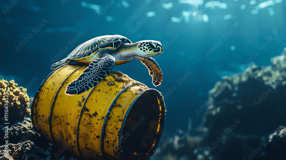 A turtle rests on a dumped chemical yellow barrel amidst coral reef, showcasing the impact of underwater ecosystem. A turtle rests on a dumped chemical yellow barrel amidst coral reef, showcasing the impact of underwater ecosystem.