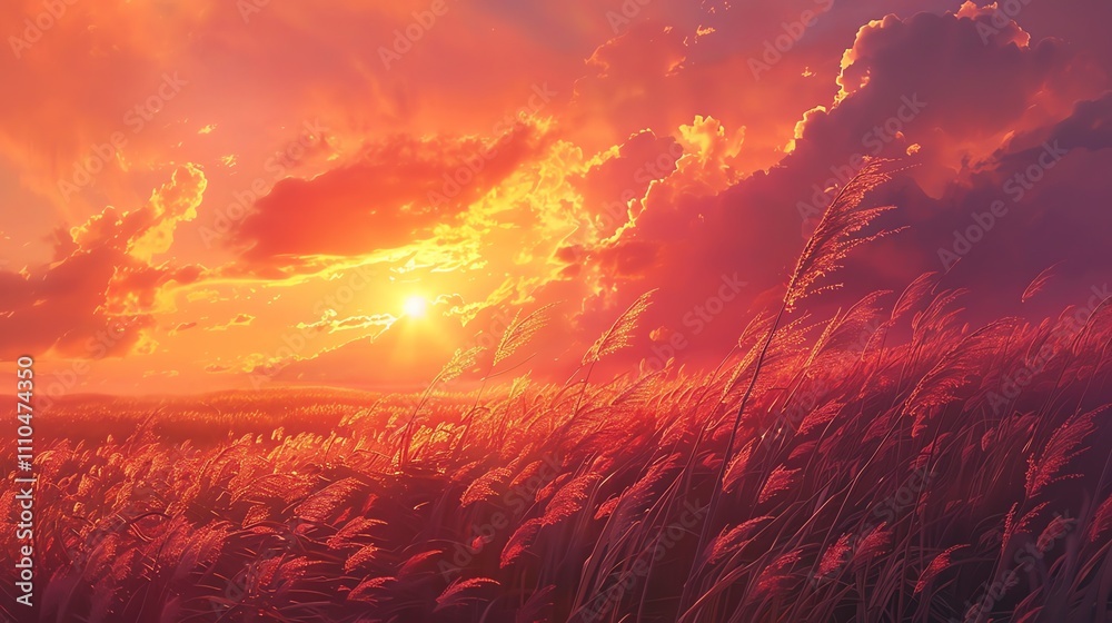 Fototapeta premium Vibrant sunset over a field of tall grass.